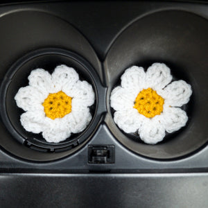 Daisy Car Coasters shown in cup holders